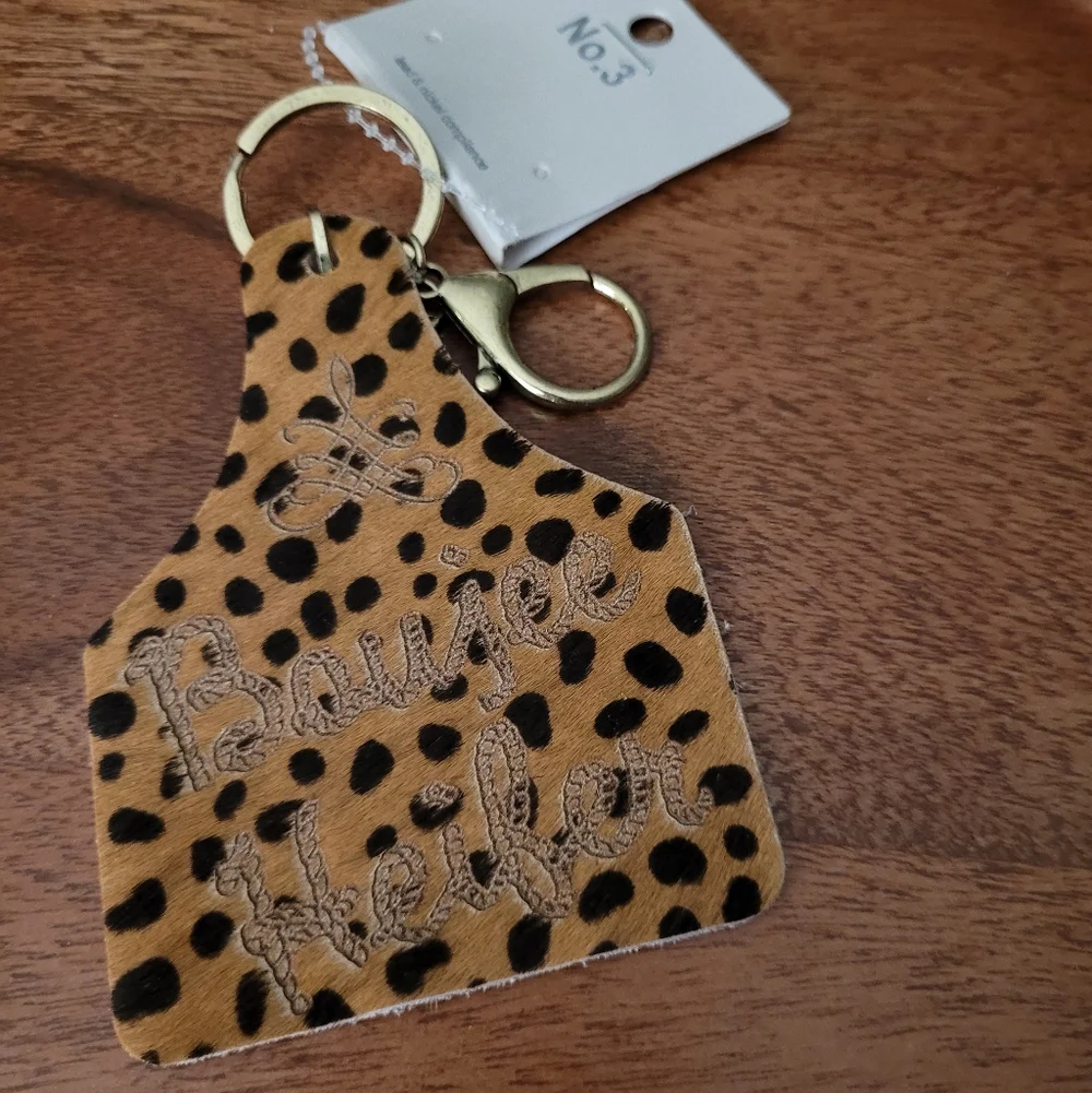 Cow Ear Tag Keychain or Purse Charm Leopard Print